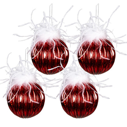 Set of 4 red and white glass Christmas ornaments 10 cm