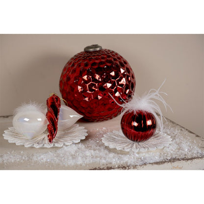 Set of 4 red and white glass Christmas ornaments 10 cm